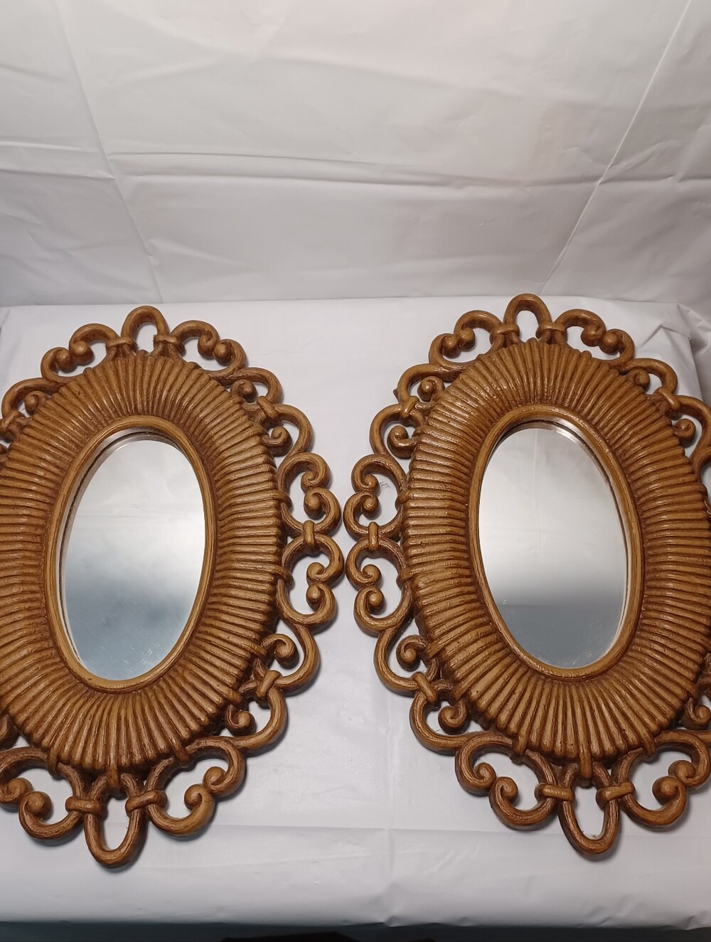 Vintage Ornate Faux Wood.look Oval Wall Mirrors - Pair Faux Rattan Boho MCM 70's